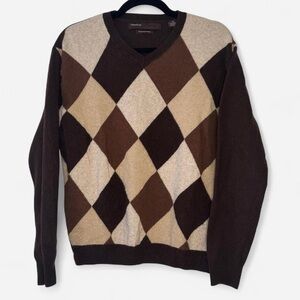 Perry Ellis V-Neck Argyle Sweater - Brown and Cream